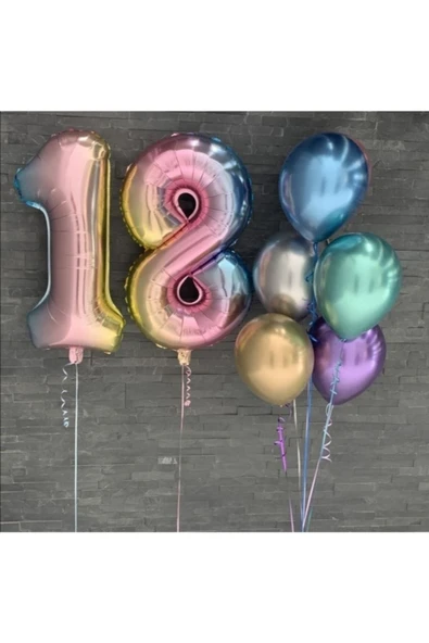 MSDA 18 Yaş Gökkuşağı Rakam Krom Balon Doğum Günü Balon Seti - 1