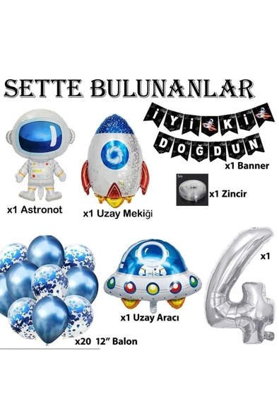 MSDA Uzay Konsepti 4 Yaş Doğum Günü Parti Kutlama Seti; Astronot, Ufo Ve Uzay Gemisi Folyo Balon Set - 2