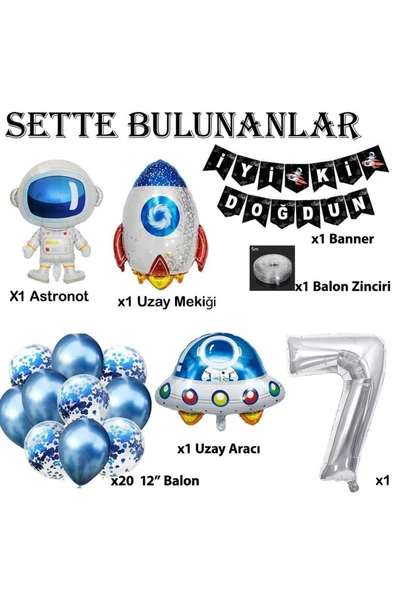 MSDA Uzay Konsepti 7 Yaş Doğum Günü Parti Kutlama Seti; Astronot, Ufo Ve Uzay Gemisi Folyo Balon Set - 2