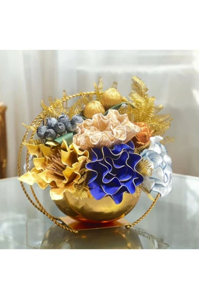 MSDA  Luxury Gold Çiçekli Vazo  Sepet Burgu Aranjman -Gold - 1
