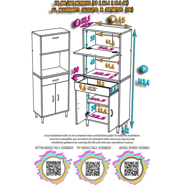 Modilayn VİO Fırın Dolabı (65x163,4x32,5 cm) Çekmeceli Kapaklı Mini/Midi Mikrodalga Mutfak Dolabı - Resim 5