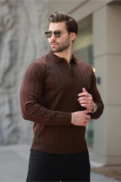 Erkek Slim Fit Polo Yaka Fermuarlı Fitilli Triko Kazak - 4001 - 10