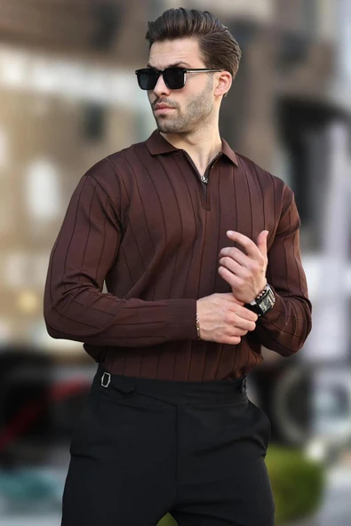 Erkek Slim Fit Polo Yaka Fermuarlı Fitilli Triko Kazak - 4001 - 11