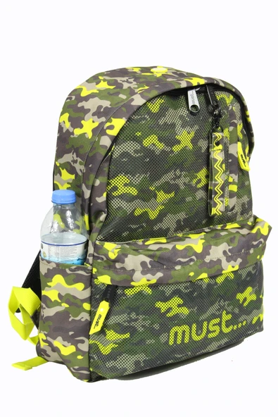 MUST 584614 Kamuflaj Çift Cepli İlkokul Sırt Çantası-Haki / Neon Yeşil - Resim 3