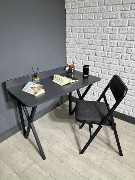 Buse Çalışma Masası Ofis Bilgisayar Masası + Katlanır Sandalyeli 103 cm Metal Siyah Ayak ürün görseli