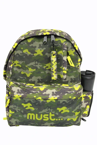 MUST 584614 Kamuflaj Çift Cepli İlkokul Sırt Çantası-Haki / Neon Yeşil - Resim 2