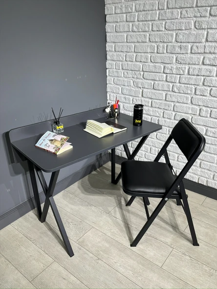 Buse Çalışma Masası Ofis Bilgisayar Masası + Katlanır Sandalyeli 103 cm Metal Siyah Ayak ürün görseli