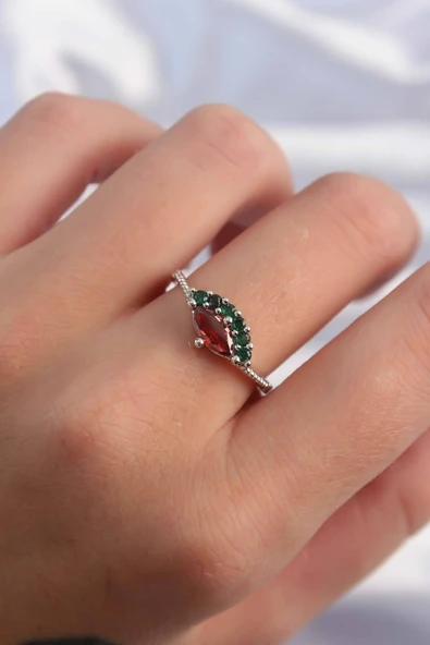 Pirinç Gümüş Renk Renkli Zirkon Taşlı Ayarlanabilir Karpuz Model Yüzük - Resim 2