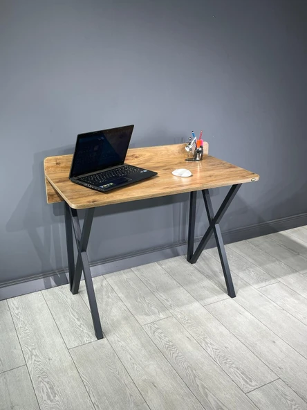 Buse Çalışma Masası Ofis Bilgisayar Masası + Katlanır Sandalyeli 103 cm Metal Siyah Ayak - Resim 2