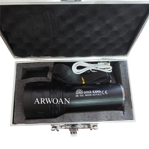 ARWOAN GK-312 Şarjlı LED El Feneri Metal Taşıma Çantalı, Güçlü, Uzun Menzilli, USB Şarjlı - 2