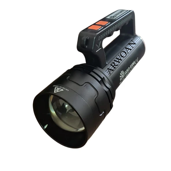 ARWOAN GK-312 Şarjlı LED El Feneri Metal Taşıma Çantalı, Güçlü, Uzun Menzilli, USB Şarjlı