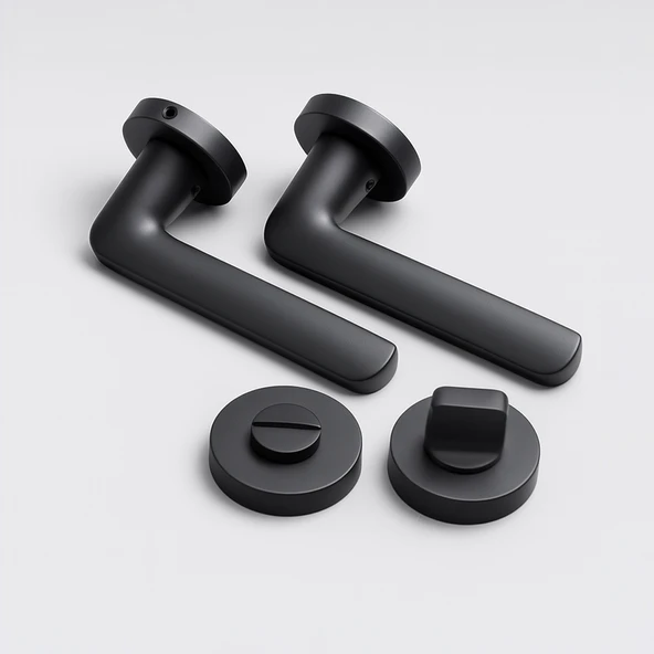 Mat Siyah Wc Banyo Tipi Kapı Kolu Rozetli Sağ Sol Uygun Modern İç Kapı Kilitli 1 Takım ürün görseli