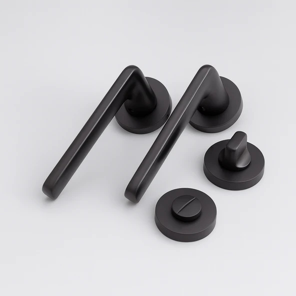 Mat Siyah Wc Banyo Tipi Kapı Kolu Rozetli Sağ Sol Uygun Modern İç Kapı Kilitli 1 Takım - Resim 4