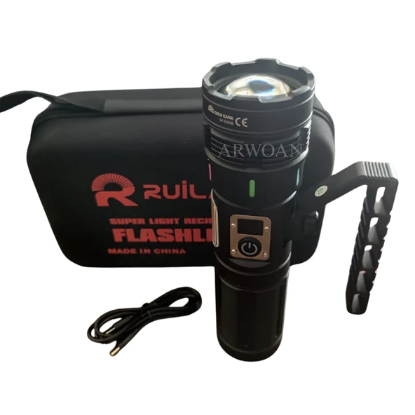 10000 Lümen LED Işık Zoom Özellikli Powerbank & USB Girişli Su Geçirmez Taktik Fener Kamp, Av, Acil Durum ürün görseli