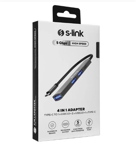 S-link SWV-USBC023 4 in 1 Gri Metal TypeC to 2-USB2.0 USB 3.0, PD Type C Adaptör ürün görseli 1