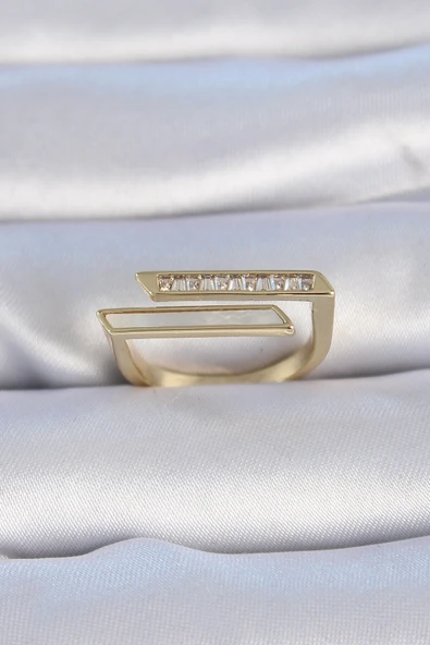 Pirinç Gold Renk Zirkon Taşlı Beyaz Sedef Detay Kadın Yüzük ürün görseli 1