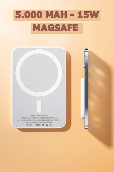 Taşınabilir 5000 mAh PD15W MagSafe Kablosuz Wireless Hızlı Şarj Cihazı Beyaz Powerbank - 2
