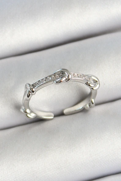 Pirinç Düğüm Figürlü Zirkon Taşlı Gümüş Renk Ayarlanabilir Kadın Yüzük ürün görseli 1