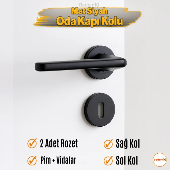 Mat Siyah Oda Tipi Kapı Kolu Rozetli Sağ Sol Uygun Modern İç Kapı Kilitli 1 Takım - Resim 2