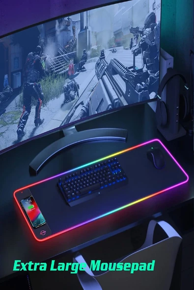 RGB Gaming Mouse Pad Kablosuz 15W Şarjlı 14 Mod LED Işıklı Kaymaz Oyun Mousepad 300x800mm XL - 8