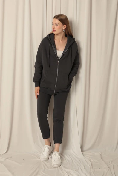 Üç İplik Kanguru Cep Kadın Fermuarlı Kapüşonlu Sweat-Antrasit ürün görseli