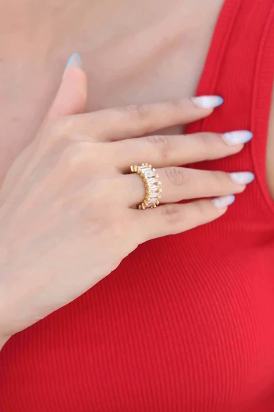 Zirkon Taşlı Baget Gold Renk Kadın Yüzük - Resim 2