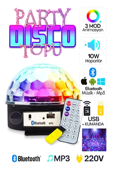 Sihirli LED Dönen Disko Topu Kablosuz Bluetooth USB MP3 Kumandalı 360° Renkli Işık 165x165x150mm