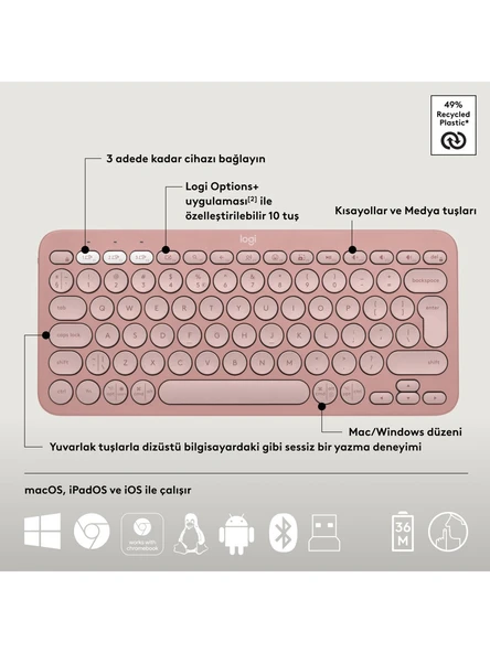 Logitech Pebble 2 Set Çoklu Cihaz Özellikli Sessiz Kablosuz Türkçe Q Klavye ve Mouse Seti - Pembe - Resim 6