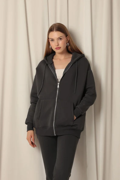 Üç İplik Kanguru Cep Kadın Fermuarlı Kapüşonlu Sweat-Antrasit - Resim 2