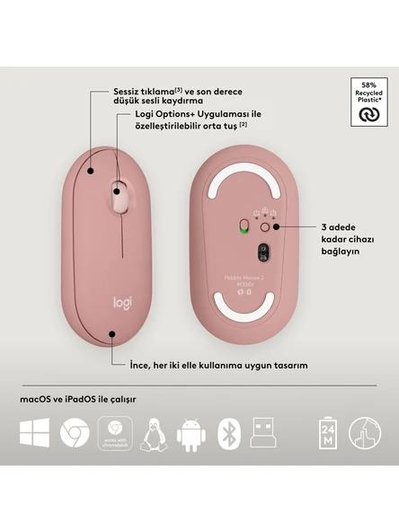 Logitech Pebble 2 Set Çoklu Cihaz Özellikli Sessiz Kablosuz Türkçe Q Klavye ve Mouse Seti - Pembe - Resim 7