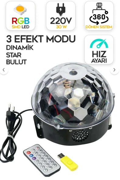 Sihirli LED Dönen Disko Topu Kablosuz Bluetooth USB MP3 Kumandalı 360° Renkli Işık 165x165x150mm - 4