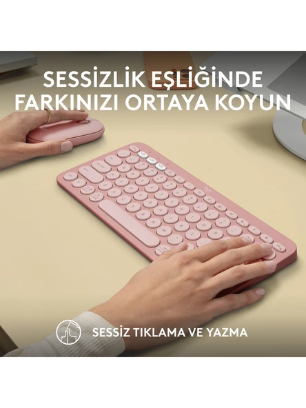 Logitech Pebble 2 Set Çoklu Cihaz Özellikli Sessiz Kablosuz Türkçe Q Klavye ve Mouse Seti - Pembe - Resim 8