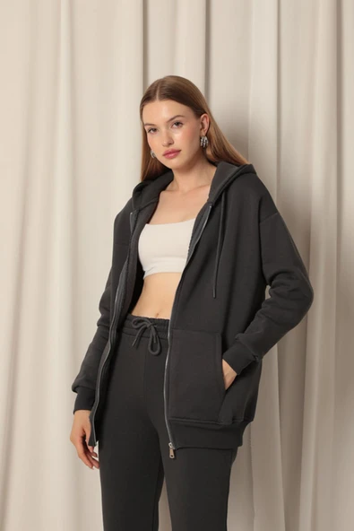 Üç İplik Kanguru Cep Kadın Fermuarlı Kapüşonlu Sweat-Antrasit - Resim 3