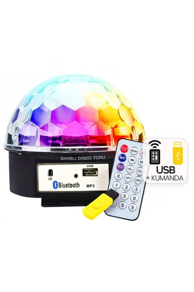 Sihirli LED Dönen Disko Topu Kablosuz Bluetooth USB MP3 Kumandalı 360° Renkli Işık 165x165x150mm - 3