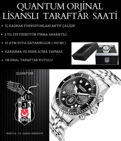 Quantum Beşiktaş Lisanslı İtalyan Tasarım Bileklik Hediyeli 10 Atm Taraftar Kol Saati EBJK1089.350 - Resim 8