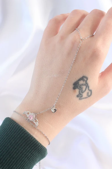 316L Çelik Gümüş Renk Pembe Zirkon Taşlı Kanatlı Kalp Model Şahmeran - Resim 6