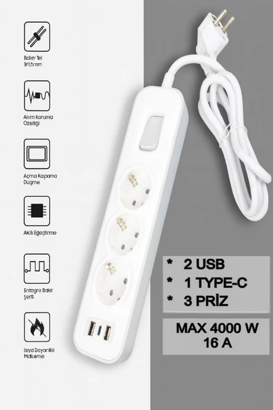 3'lü Anahtarlı Akım Korumalı Grup Priz 2 USB 1 Type C 1.5 Metre Çoklu Priz Uzatma Kablosu