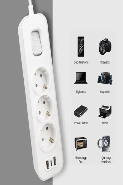 3'lü Anahtarlı Akım Korumalı Grup Priz 2 USB 1 Type C 1.5 Metre Çoklu Priz Uzatma Kablosu - 2