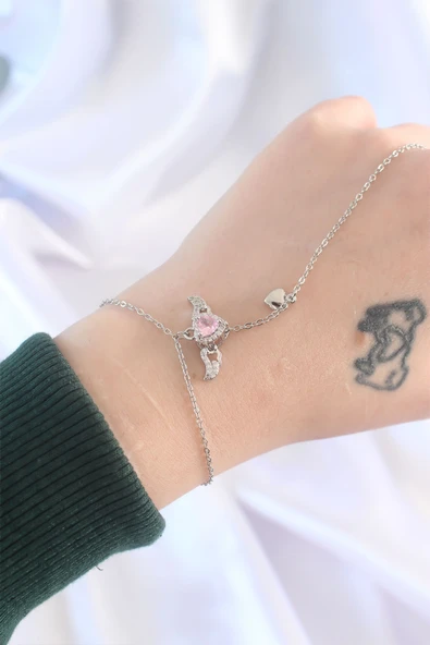 316L Çelik Gümüş Renk Pembe Zirkon Taşlı Kanatlı Kalp Model Şahmeran - Resim 5