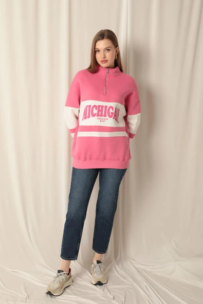 Üç İplik Michigan Baskılı Fermuarlı Kadın Pembe Sweat - Resim 2