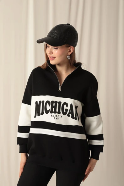 Üç İplik Michigan Baskılı Fermuarlı Kadın Siyah Sweat - Resim 2