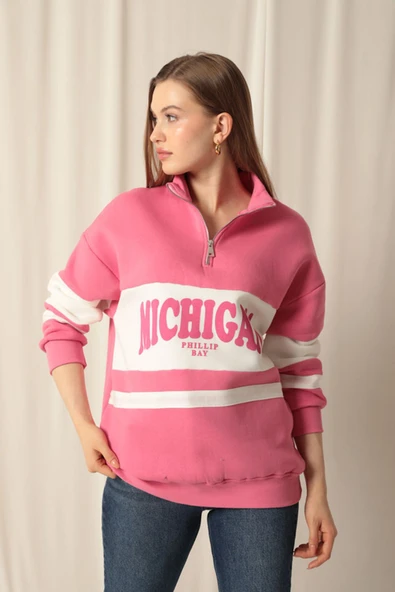Üç İplik Michigan Baskılı Fermuarlı Kadın Pembe Sweat ürün görseli