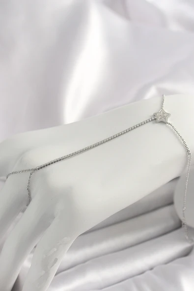 Pirinç Gümüş Renk Su Yolu Zirkon Taşlı Yıldız Model Kadın Şahmeran ürün görseli 1