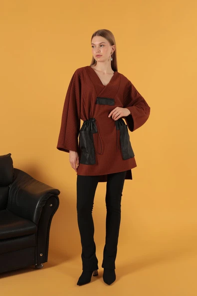 Petek Kumaş Garnili Oversize Kadın Sweat-Kahve ürün görseli