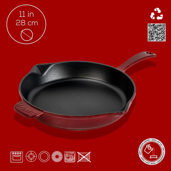 Lava Döküm Yuvarlak Kızartma Tavası Döküm Demir Yekpare Saplı. Çap(Ø)28cm-Bordo - Resim 4