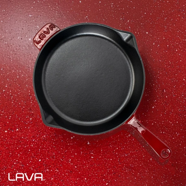 Lava Döküm Yuvarlak Kızartma Tavası Döküm Demir Yekpare Saplı. Çap(Ø)28cm-Bordo - Resim 7