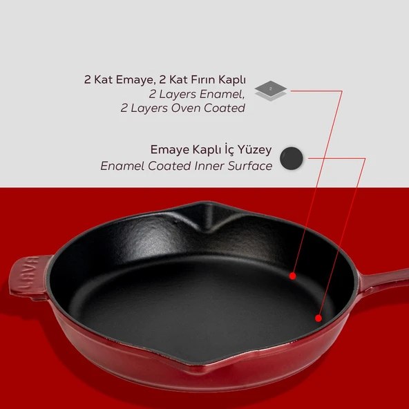 Lava Döküm Yuvarlak Kızartma Tavası Döküm Demir Yekpare Saplı. Çap(Ø)28cm-Bordo - Resim 6