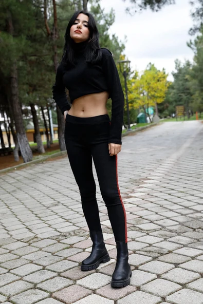 Yan Çift Şeritli Ribana Tayt Siyah - P-020258 ürün görseli