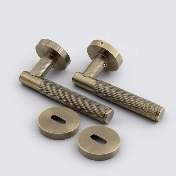 Antik Füme Oda Tipi Kapı Kolu Rozetli Sağ Sol Uygun Modern İç Kapı 1 Takım - Resim 2