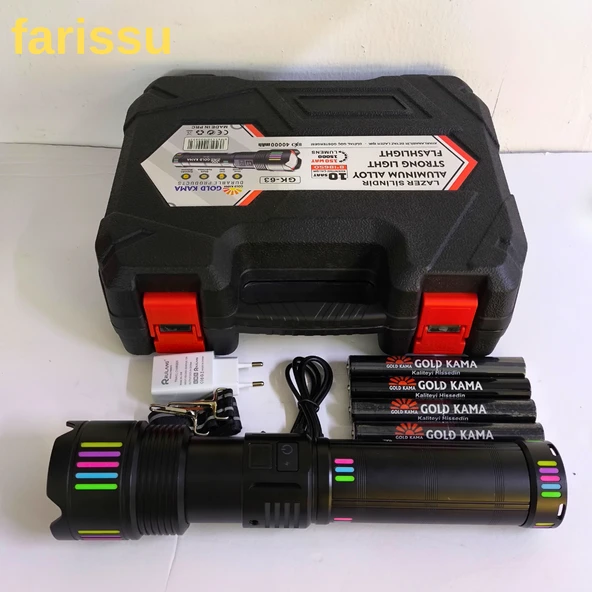 Gold Kama GK-63 Ultra Güçlü LED El Feneri - 150W, 15000 Lümen, Lazer Fonksiyonlu - 7